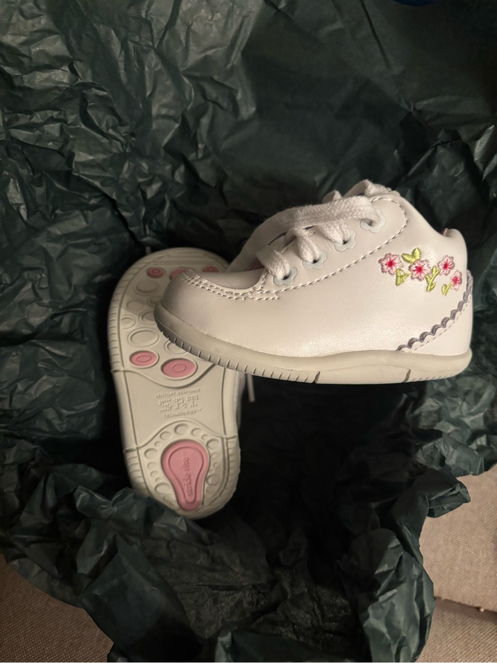 Stride Rite White Leather Baby Walker Shoes with Pink Floral Accents